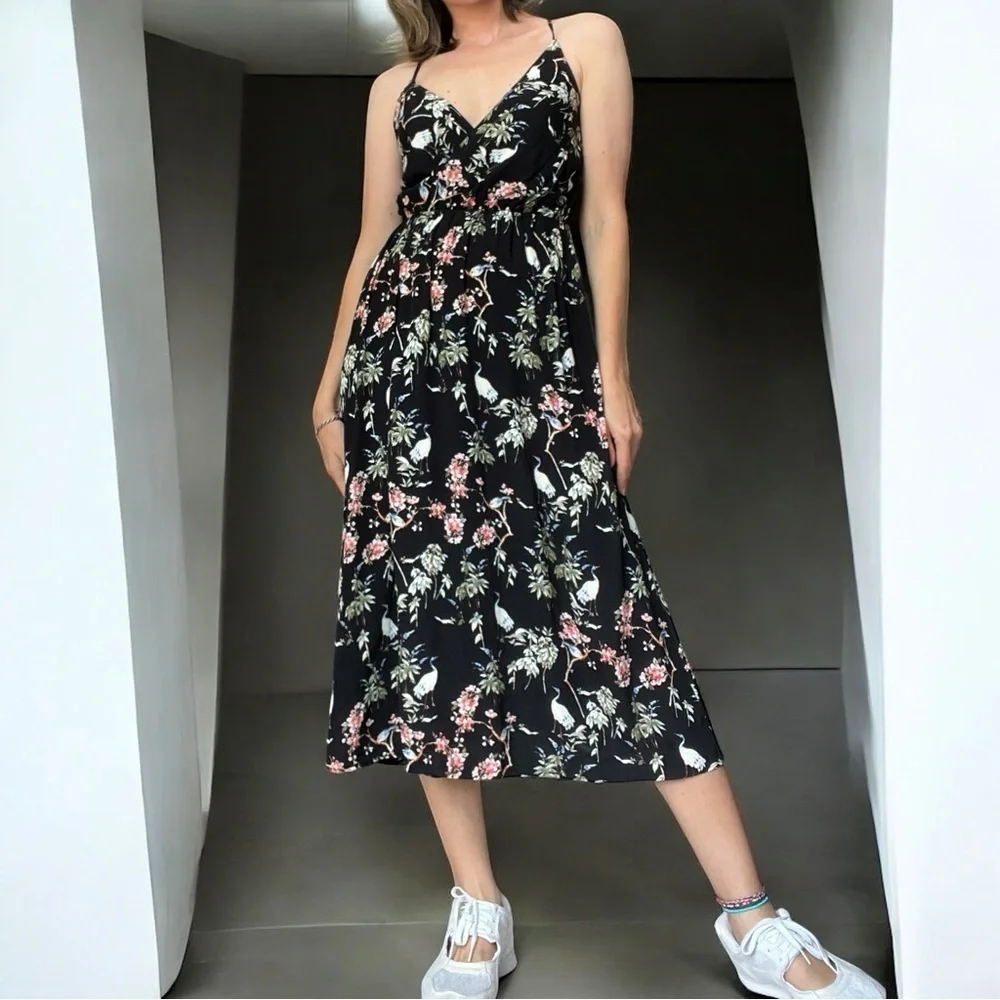 Banana Republic Black Floral Birds Midi Dress Strappy Summer Dress 4 - Picture 13 of 13